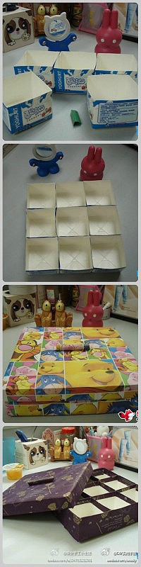 森女手工小生活： 牛奶盒子改造成收纳盒，简单易行 还可以贴上自己喜欢图案的包装纸噢