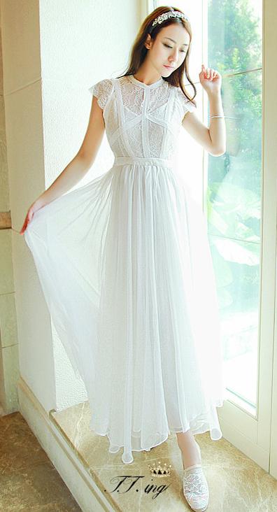 包*邮！ 菁菁同款韩国名媛风蕾丝雪纺修身白色唯美大摆长裙连衣裙
