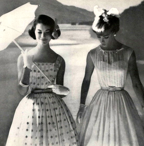 Models in summer dresses for Mademoiselle magazine, March 1959.