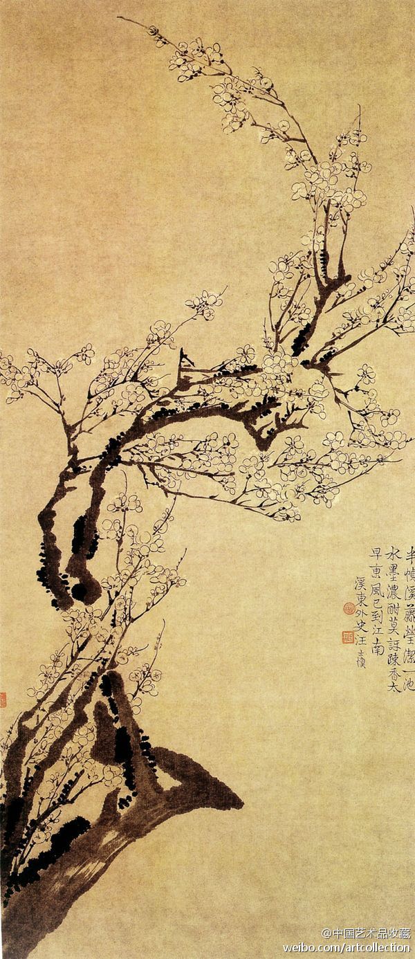 【 清 汪士慎 《梅花图》 】轴，纸本，墨笔，113.3×50.2cm，上海博物馆藏。画家的梅花作品多是疏朗清瘦，给人一种疏影潇洒、冷香四溢之感。这件作品所画的梅清淡秀雅，瘦劲姿媚，把他的独有风格完美体现。清代著名画家金农对它的评价是："巢林画繁枝，千花万蕊，管领冷香，俨然灞桥风雪中"。