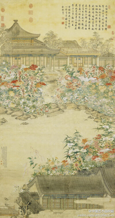 【 清 张若霭 《画高宗御笔秋花诗》】立轴，纸本设色，188.5x100.2cm，台北故宫藏。作于乾隆十一年（1746）秋七月，画内廷台阁花园景致。秋卉盛开，有鸡冠、秋葵、雁来红、菊、红蓼、凤仙等，丽色缤纷，芬芳满庭。画…