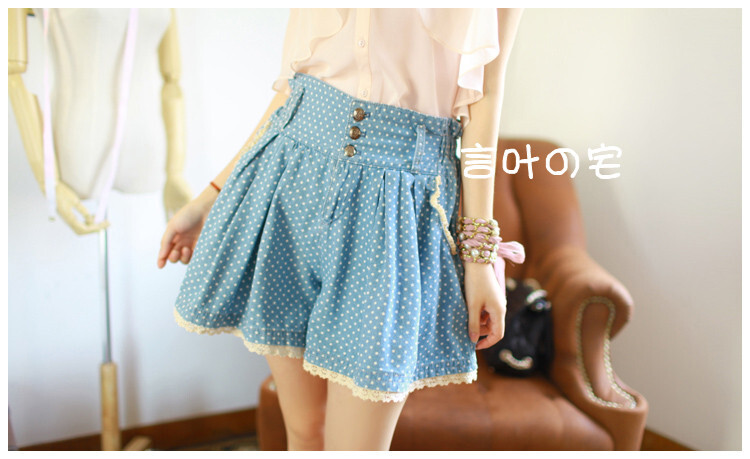 日单森系 清新水玉点点 钩织花边松紧腰 水洗牛仔裙裤