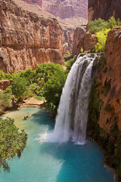 【美国亚利桑那州的哈瓦苏瀑布Havasu Falls】位于大峡谷国家公园以南的哈瓦苏派印第安保护区，是保护区内的四大瀑布之一，因地处沙漠深处，只能搭直升机或骑骡子抵达。