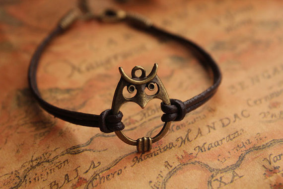 owl bracelet,retro bronze lovely owl pendant bracelet,brown true leather bracelet---B024