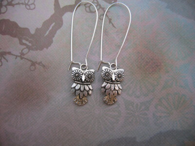 Owl Earrings - Tibetan Silver, Antiqued Silver, Textured Owl Charm, Kidney Earwires - Clearance