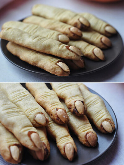 Witches Fingers Cookies女巫手指面包，指甲部分是一颗杏仁，其他材料包括糖、巧克力和黄油。但是，就算很好吃，你吃得下去吗？