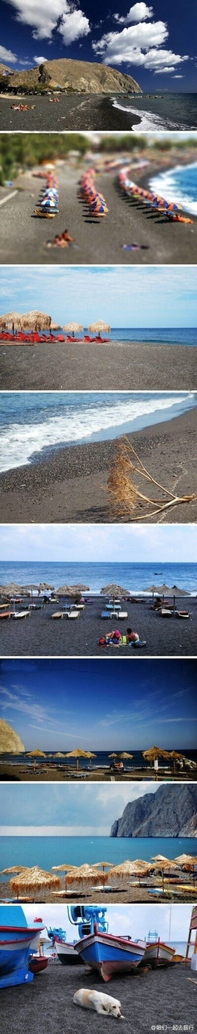 【爱琴海的黑沙滩】由于火山喷发赐予了圣岛三种颜色的沙滩，黑沙滩，红沙滩和白沙滩。不同的矿物质在不同的温度下形成了不同的颜色，而黑沙滩是由于含碳量较多所以呈现出黑色。