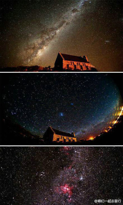 【新西兰的小镇特卡波】全世界星空最美的地方。它将成为世界上第一个“星空自然保护区”。特卡波的夜空静谧而璀璨，银河和大团星座清晰可见，令人仿佛置身于童话世界。（转）