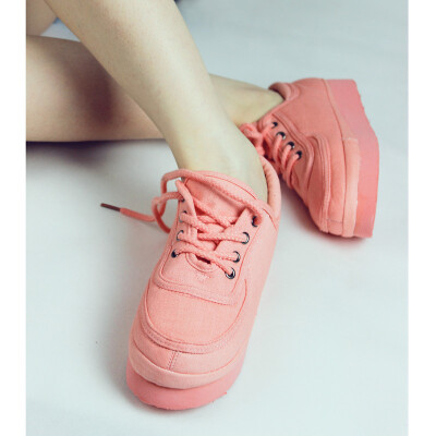 韩版新品糖果色面包鞋厚底系带休闲鞋帆布鞋超轻便女单鞋