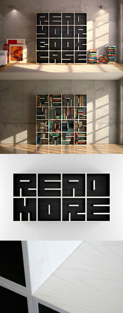 意大利设计师Eva Alessandrini和Roberto Saporiti为Saporiti设计了一款字母书架，该书架采用模块化设计，由若干独立的立方体组成，每个立方体上都用木板隔出一个字母（黑色部分），这样，你就可以根据自己的需求用这…