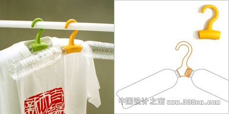 Rethink Hanger，空水瓶+空水瓶=衣架 这个Rethink衣架把两个空的水瓶拧起来变成一个衣架，设计师xuan yu旨在通过设计让人们对已经消费过的产品进行思索和二次利用，而且，水瓶圆滑的底部还能避免对棉质T恤等易变形的衣物造成损坏