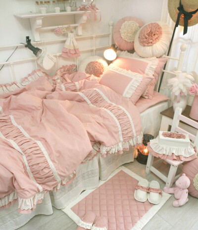 韩国进口代购床品粉色高档被套枕套三件套荷叶边