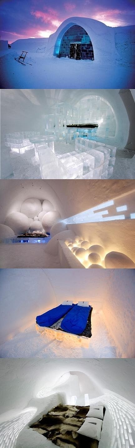 冰酒店（Icehotel ）：它位于北瑞典的一个小村中，墙壁、床、餐桌全部用冰做成，是全世界惟一一家仅在冬季３个月开门营业的酒店。6000平方米的酒店有78个房间，是全世界玩冰弄雪的艺术家在严冬之初雕刻出来的。酒店每年需翻新一次，用的是旁边托娜河的河水。在炎热的夏季，是不是特别想进去小住呢？