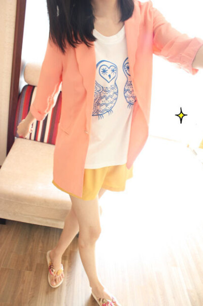 甜美波浪边领冰淇淋色一粒扣雪纺棉西服7分袖西装外套