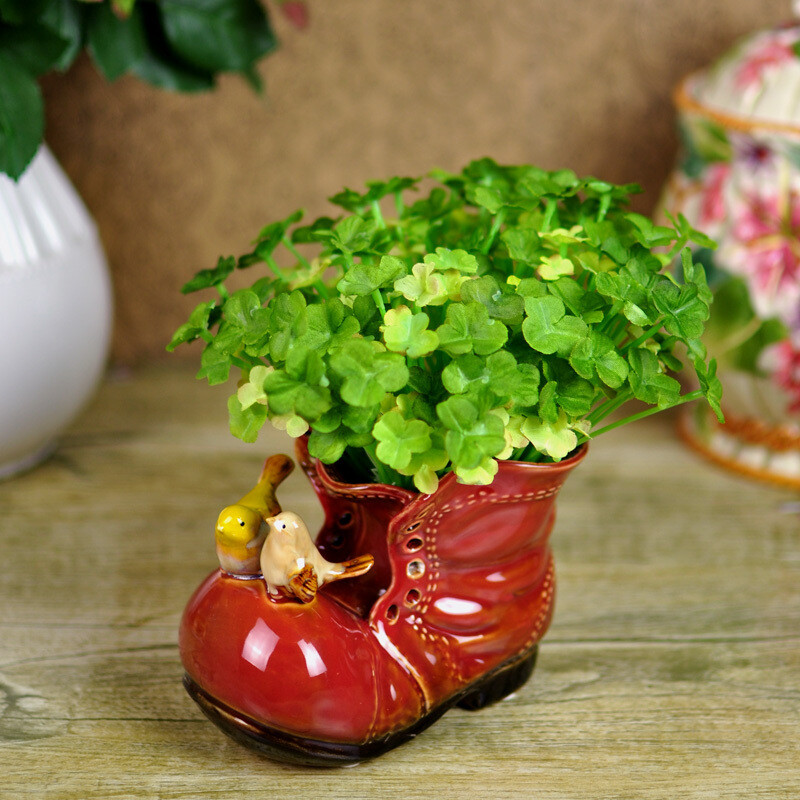 现代田园风格陶瓷花插红色花瓶花器家居装饰品摆件鞋子与小鸟