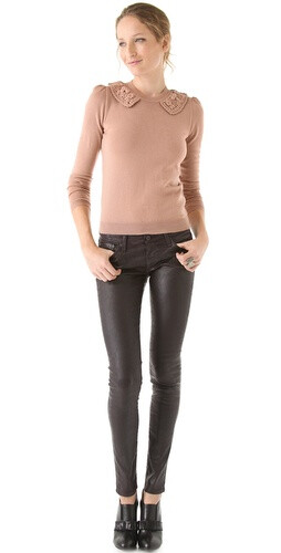 RED Valentino Long Sleeve Sweater with Macrame Collar