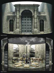 In The Woman in White Bill Dudley’s projection and set design shows the interior and exterior of a grim Victorian asylum. It is composed of two semi-circular video screens with moving front projecti…