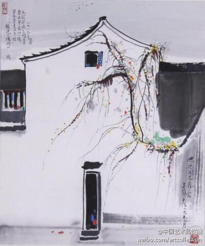 【 吴冠中 《鲁迅诗意图》 】纸本设色，68×56cm，1987年作。 该画为展现江南白墙黛瓦的题材，因左上角的题诗而别有一番韵味。“躲进小楼成一统，管他春夏与秋冬”。吴冠中借喻了鲁迅笔下的“小楼”，表述自己躲进艺…