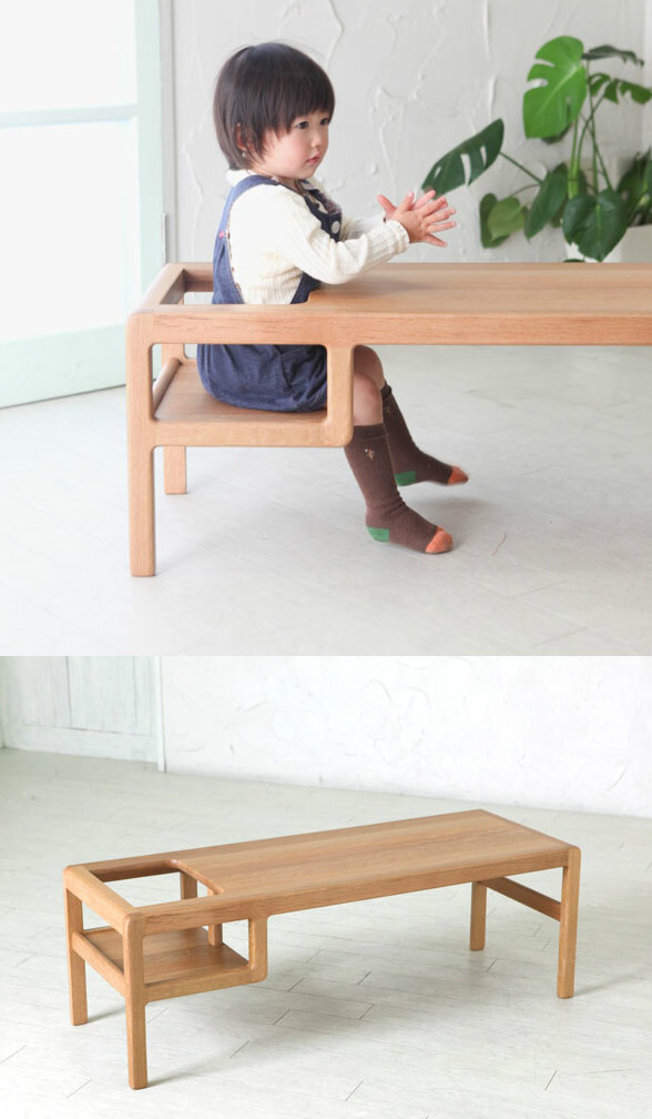 哪个宝宝都不安分，或许有一个办法可以让他们安静下来：和他们围坐在一张桌子上和他们玩游戏。日本设计师大治将典设计的这款连体桌椅专为1-2岁的宝宝设计，在桌子的一头有一个为宝宝设计的座位，功能类似于普通的宝宝椅，保护宝宝的安全。当宝宝长大以后，这张桌子可以变成孩子的课桌，原来的座位可以变成一个迷你书架。大人们也可以在上面写字。
