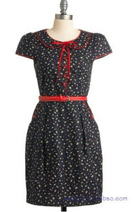 Vintage复古风 藏青色红色腰带娃娃领短袖连衣裙