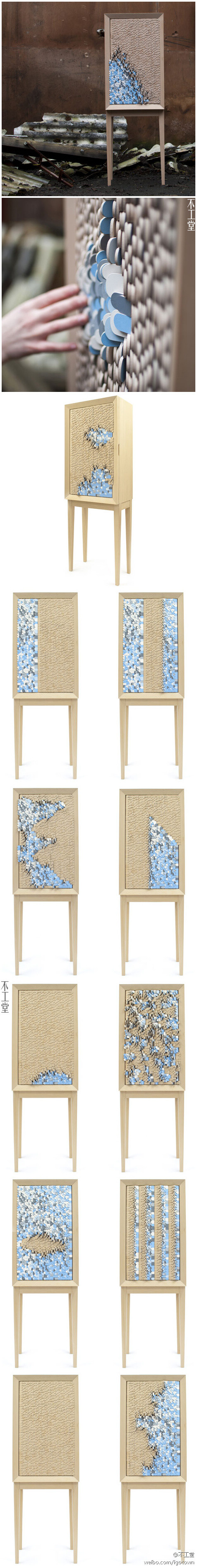 瑞典设计师Jenny Ekdahl设计了这款名为Dear Disaster的柜子，上面安置了四千片可翻转的木片，木片一面保持本色，另一面则被漆成蓝、白以及灰色，翻转木片，就仿佛海浪拂过沙滩一样。据说设计者初衷是为抚慰自然灾害中的幸存者，虽然不清楚其原理，不过这柜子还是蛮漂亮的。