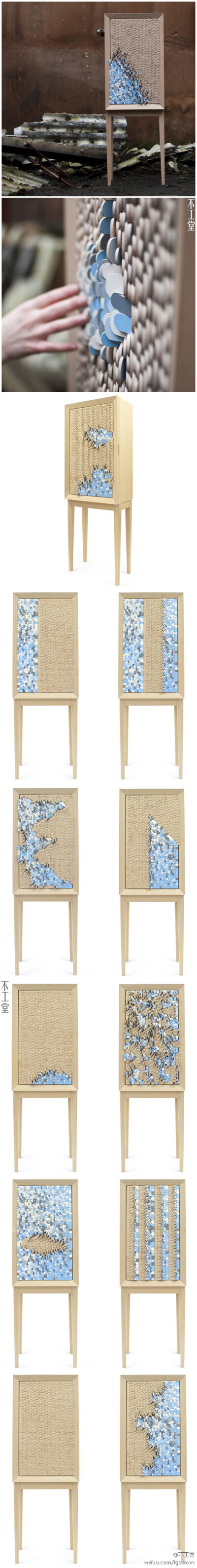 瑞典设计师Jenny Ekdahl设计了这款名为Dear Disaster的柜子，上面安置了四千片可翻转的木片，木片一面保持本色，另一面则被漆成蓝、白以及灰色，翻转木片，就仿佛海浪拂过沙滩一样。据说设计者初衷是为抚慰自然灾害…