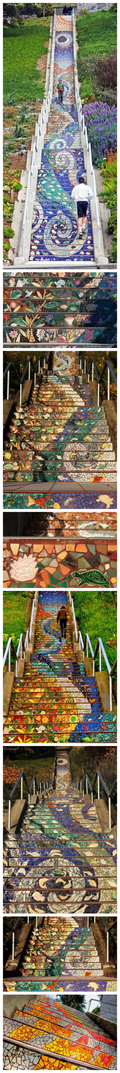 一个名叫“The 16th Avenue Tiled Steps Project”的项目，从 2003 年开始计划和执行，最初由艺术家 Aileen Barr 和 Colette Crutcher 领头，后来有 300 多位居民加入了进来，群众们纷纷提供各种彩色瓷砖，一年半时…