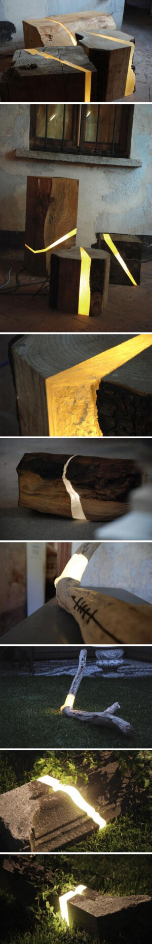 意大利的设计师Marco Stefanelli从锯木厂收集的下脚料，树枝和水泥碎块，通过与树脂和LED的结合，一个巧妙的方法使其嵌入木材或者水泥碎块中间