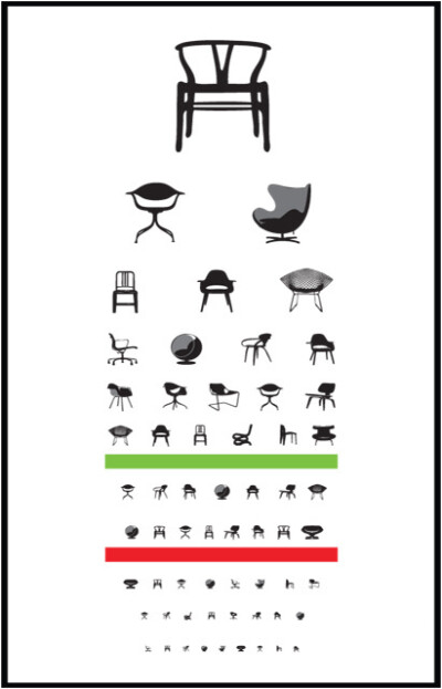 美国设计师Joel Pirela的海报作品，将20世纪最经典的椅子设计作品排版成视力表的格式。