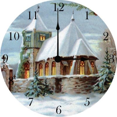 Snowy Church Clock Buttery light exudes the windows so as to welcome the cold and weary into a warmer place where love resides. Adapted from an antique Christmas card. Switch out the kitchen clock for a while! 10". Wood. USA. Requires 1 AA battery (not included).