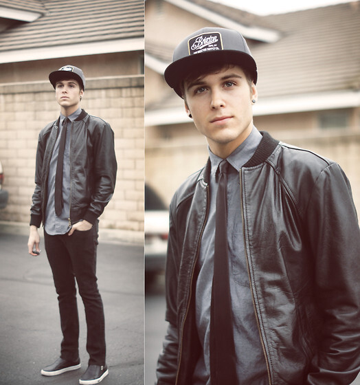 Brixton Hat, American Apparel Shirt, Zara Skinny Tie, Viparo Leather Jacket, Shoes