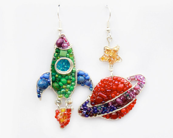 MADE TO ORDER: Rocket and Planet Beaded Earrings