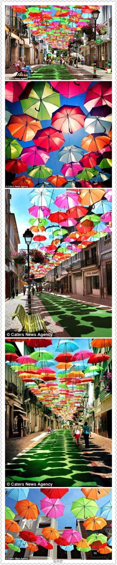 即使是阴暗的雨天，走在这些五颜六色的雨伞下，心情也会好起来！葡萄牙小镇Agueda 为了Agitagueda艺术节而创造的装置艺术。悬浮在半空中的雨伞，是在建筑物间用线穿引而造成的浮动雨伞的错觉。