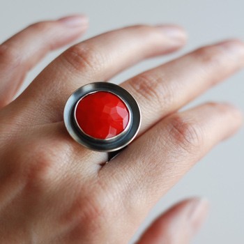 Poppy Red Antique Glass and Recycled Sterling Cocktail Ring