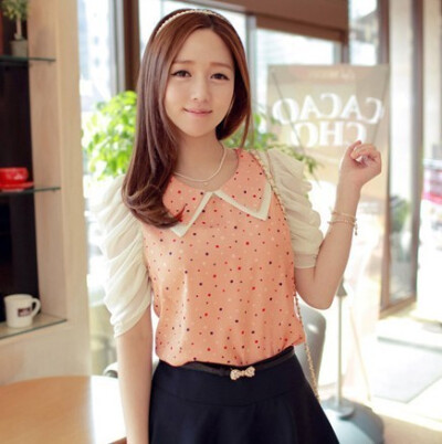 韩版夏季甜美时尚水玉点圆点泡泡袖双层娃娃尖领上衣