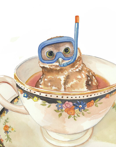 Owl Watercolor PRINT Art, Teacup, Dive Mask, Nursery Art, Open Edition.jpg