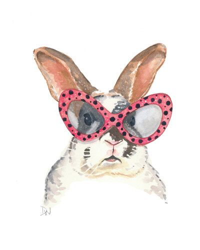 Rabbit Watercolor Painting - Original Bunny Art, Rabbit Illustration, Polka Dots, Pink glasses.jpg