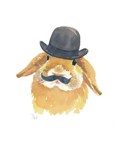 Rabbit Watercolor PRINT - Bunny Art, Bowler Hat, Mustache, Open Edition.jpg