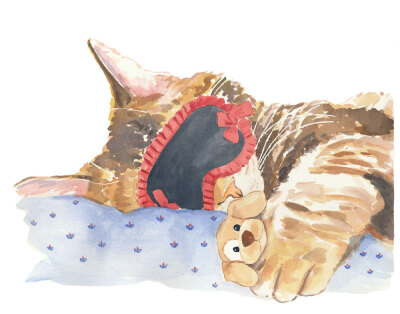 Tabby Cat Watercolour Illustration Original Painting, Beauty Sleep, Animal Art.jpg