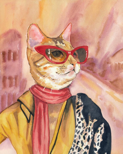 Watercolor PRINT Cat - Cat Illustration, Fashion, Cat Eye Glasses, Open Edition.jpg