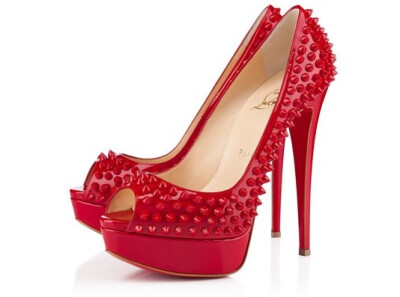 Christian Louboutin [Lady Peep Spikes] Red Patent Leather Heel Height: 150mm