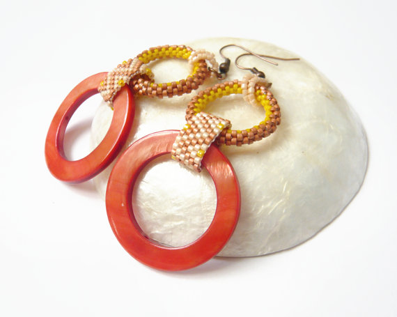 Tangerine beaded earrings, mother of pearl and peyote - made to order