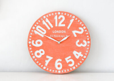 Vintage clock -London coral- pseudo vintage birch clock hand painted by happy fresh coral color blackboard style