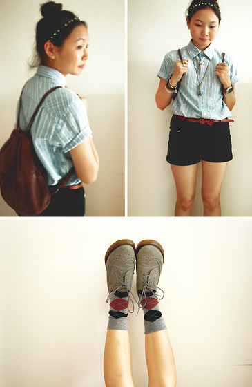 Headband, Shirt, H&amp;M Shorts, Dr. Martens Shoes, River Island Socks, Backpack