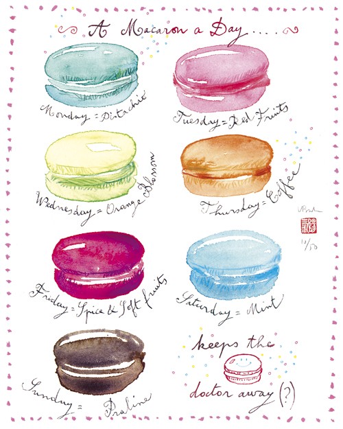 A macaron a day. " A macaron a day....keeps the doctor away (?)"I am not so sure, BUT : if you love macarons as I do, you may watch at them on your kitchen wall, each day of the week, while eating apples.