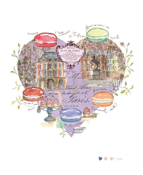 Lots of LOVE from Paris - Lilac Valentine heart - French macarons on parisian map French macarons on parisian map : 2 districts : La place des Vosges - La place des Victoires. These places are watercolor paintings, and the macarons as well. Collage on a vintage lilac french letter, and drawing with