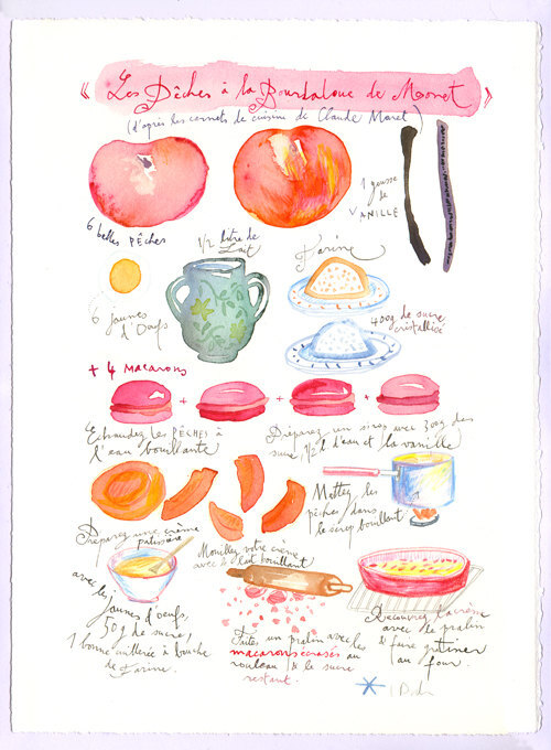 The peach dessert recipe of Claude Monet. Claude Monet had a cooking journal, with many easy and scrumptious recipes. I chose one of them : "Les pêches à la Bourdaloue" Bourdaloue had a famous pastry shop, at the beggining of the XXth century, which still exists in Paris.