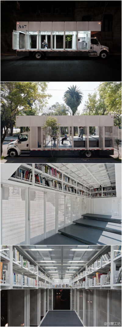 设计工作室Productora将一辆大型卡车改装成了一间藏有1500本书籍的移动图书馆。车厢内的地板下边安装液压地板，不但可以保证宽敞明亮的阅读空间，还能根据需要升高降低，方便阅读者拿到任意高度的书籍，倘若你有兴趣…