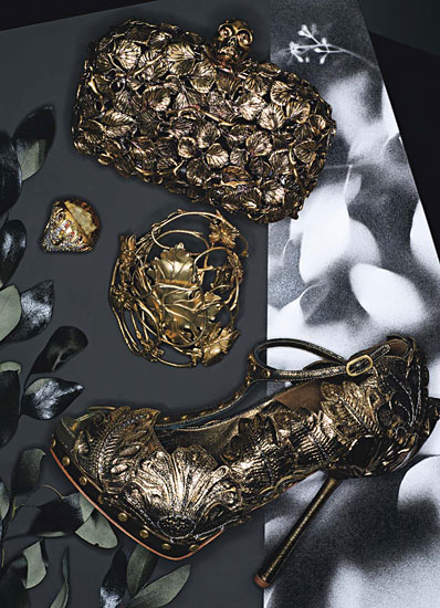 Alexander McQueen的金属离合器和皮鞋;Biçakçi塞万的24K黄金，银，石英和钻石戒指;斯蒂芬德伟克的黄金朱红袖口，更多精彩请关注@晓冬知春-视觉生活志