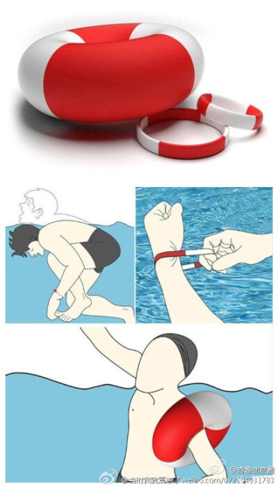 【自救手环（Self Rescue Bracelet）】在你单独游泳时，它可以变成一个不错的漂浮装置。平时可以当做手环佩戴，紧急情况下如腿抽筋时，只需用力拉下手环，它就会马上充气膨胀成一个救生圈，确保你在水中的安全（转）
